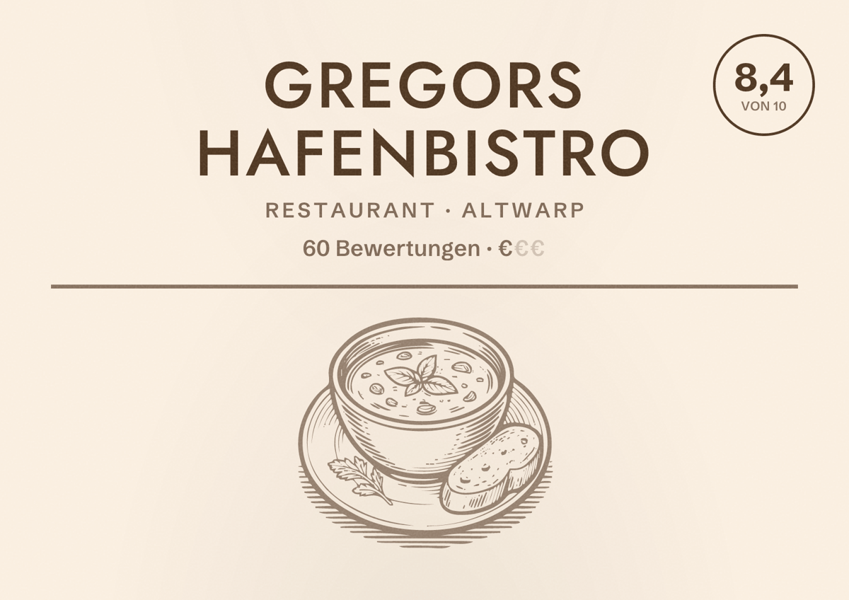 Illustriertes Poster von Gregors Hafenbistro, Restaurant in Altwarp: Bewertung 8,4 von 10 aus 60 Bewertungen, Preisniveau €