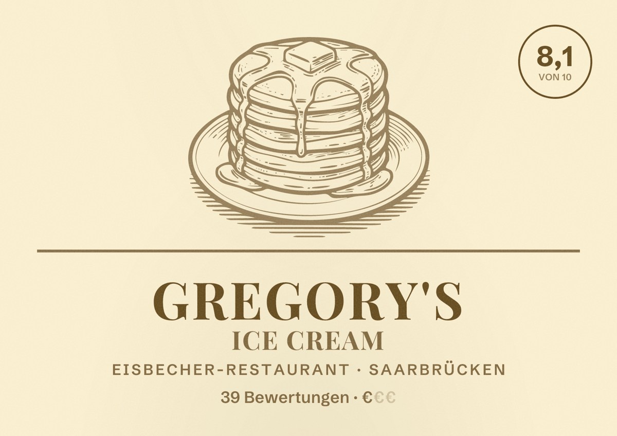 Illustriertes Poster von Gregory's Ice Cream, Eisbecher-Restaurant in Saarbrücken: Bewertung 8,1 von 10 aus 39 Bewertungen, Preisniveau €