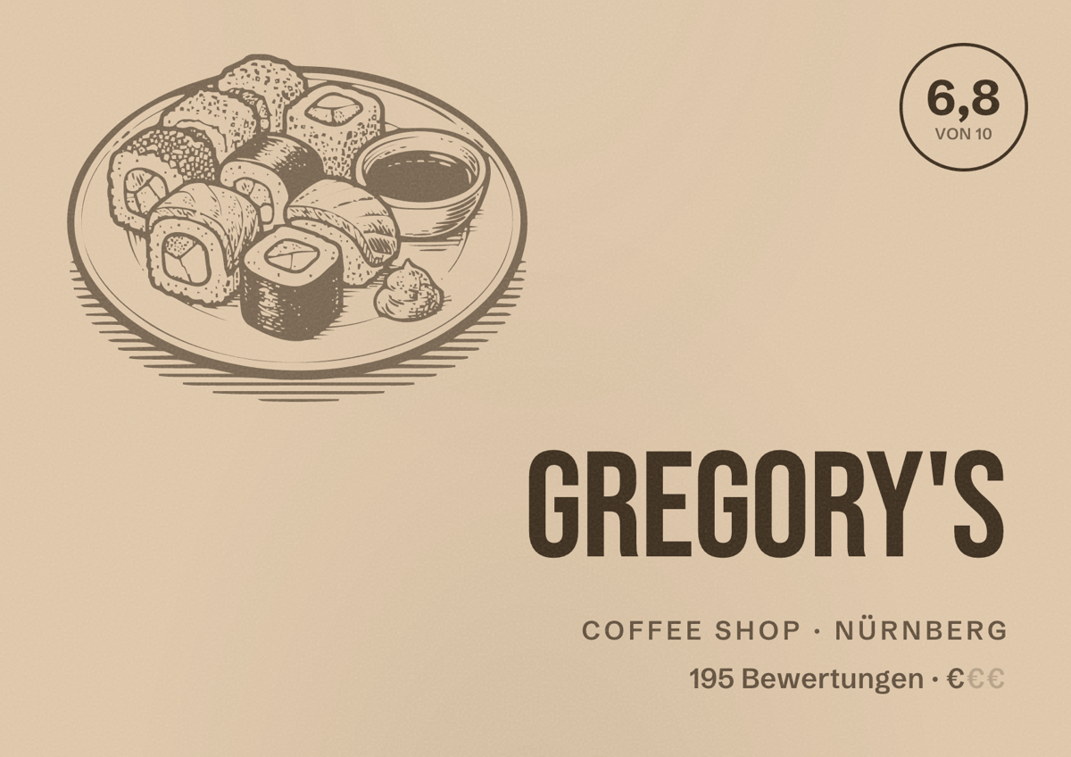 Illustriertes Poster von Gregory's, Coffee Shop in Nürnberg: Bewertung 6,8 von 10 aus 195 Bewertungen, Preisniveau €
