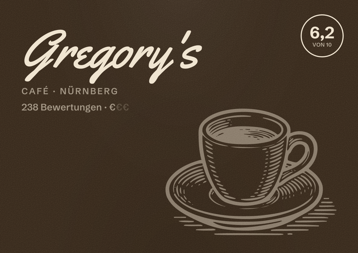 Illustriertes Poster von Gregory's, Café in Nürnberg: Bewertung 6,2 von 10 aus 238 Bewertungen, Preisniveau €