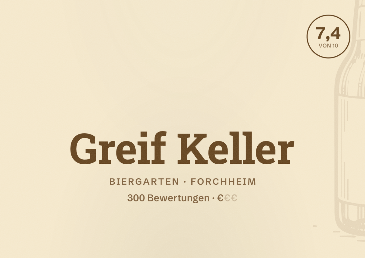Illustriertes Poster von Greif Keller, Biergarten in Forchheim: Bewertung 7,4 von 10 aus 300 Bewertungen, Preisniveau €