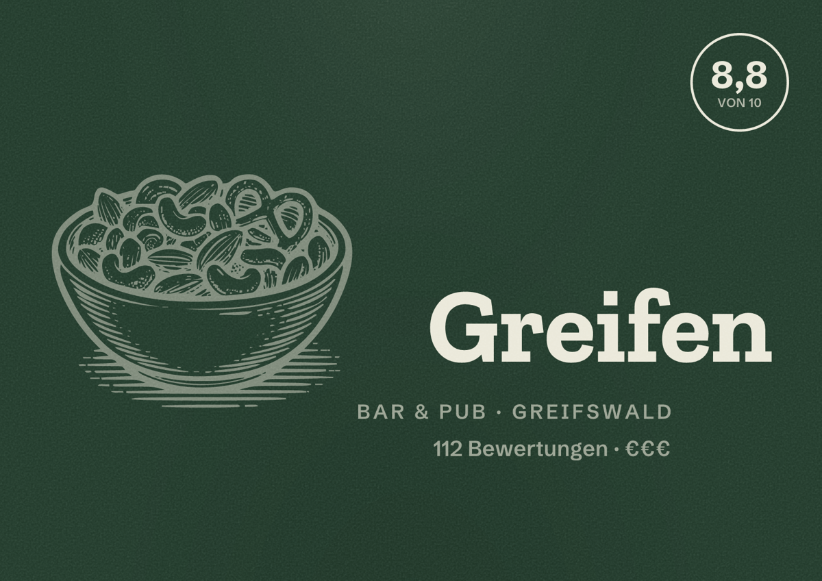 Illustriertes Poster von Greifen, Bar & Pub in Greifswald: Bewertung 8,8 von 10 aus 112 Bewertungen, Preisniveau €€€