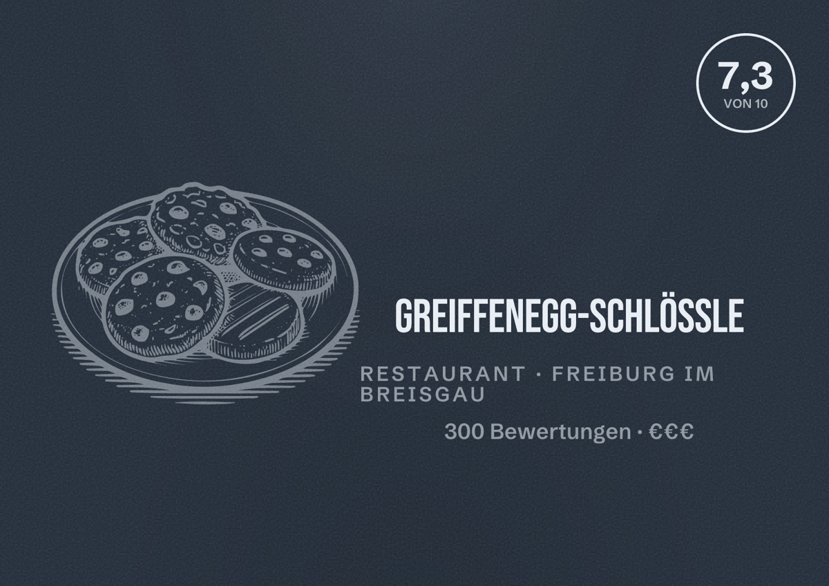 Illustriertes Poster von Greiffenegg-Schlössle, Restaurant in Freiburg im Breisgau: Bewertung 7,3 von 10 aus 300 Bewertungen, Preisniveau €€€