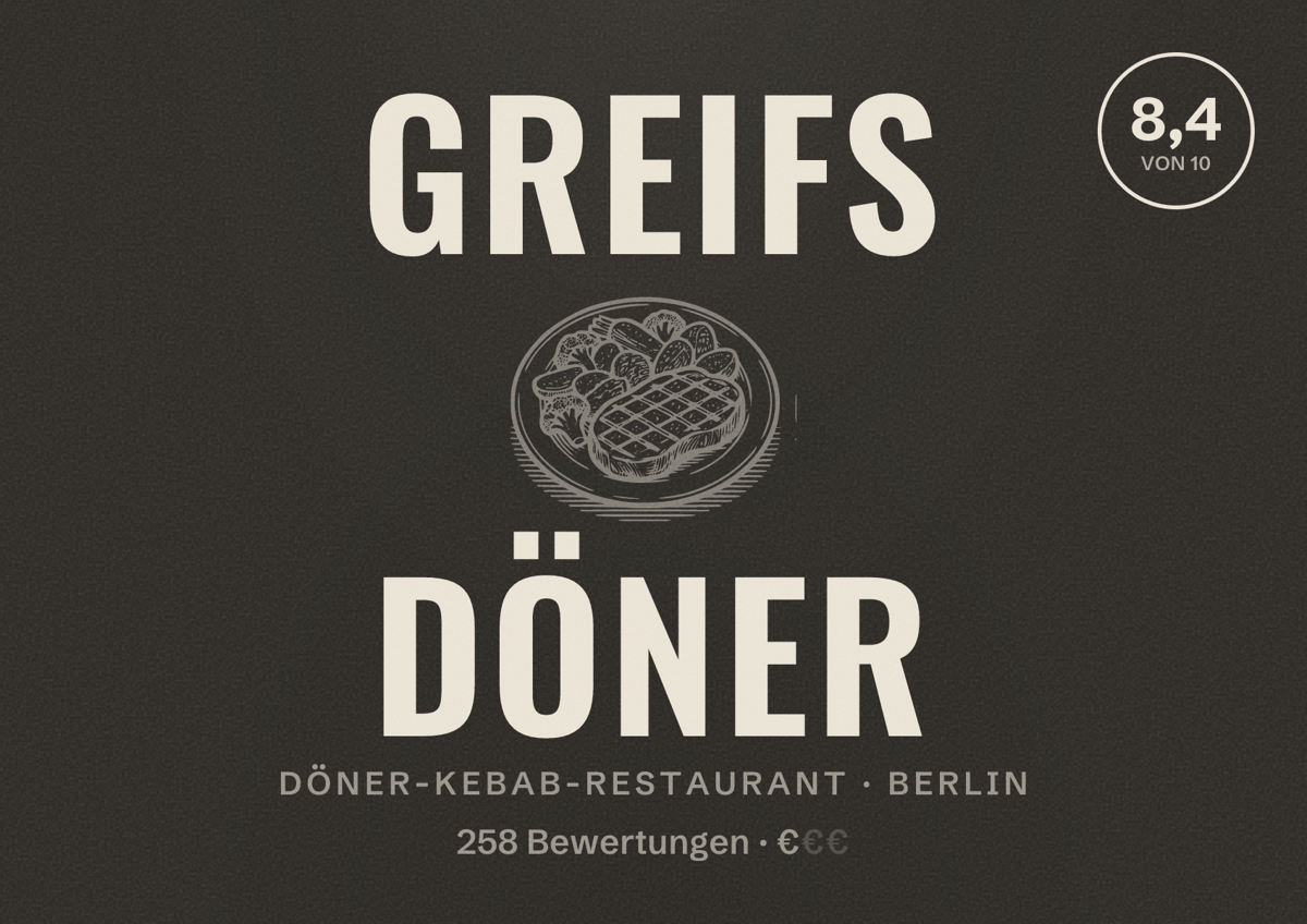 Illustriertes Poster von Greifs Döner, Döner-Kebab-Restaurant in Berlin: Bewertung 8,4 von 10 aus 258 Bewertungen, Preisniveau €