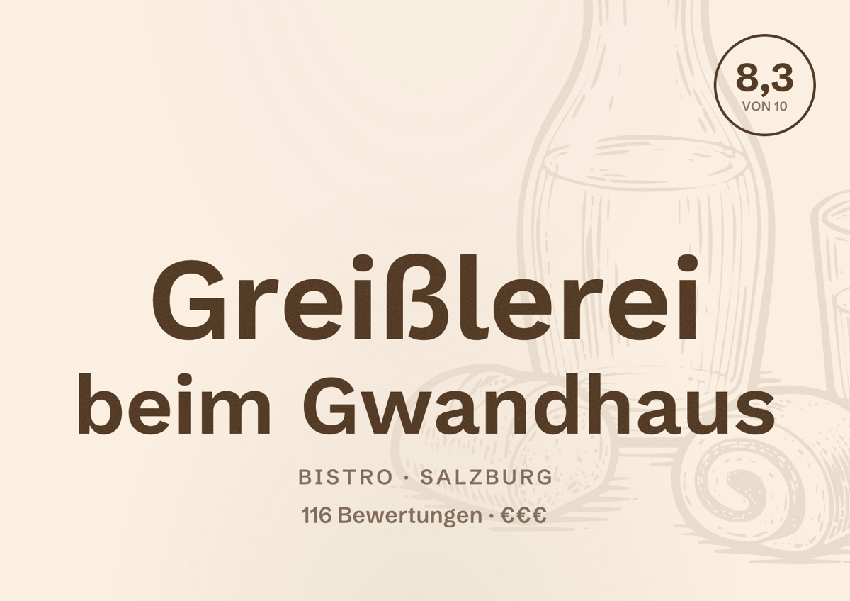 Illustriertes Poster von Greißlerei beim Gwandhaus, Bistro in Salzburg: Bewertung 8,3 von 10 aus 116 Bewertungen, Preisniveau €€€