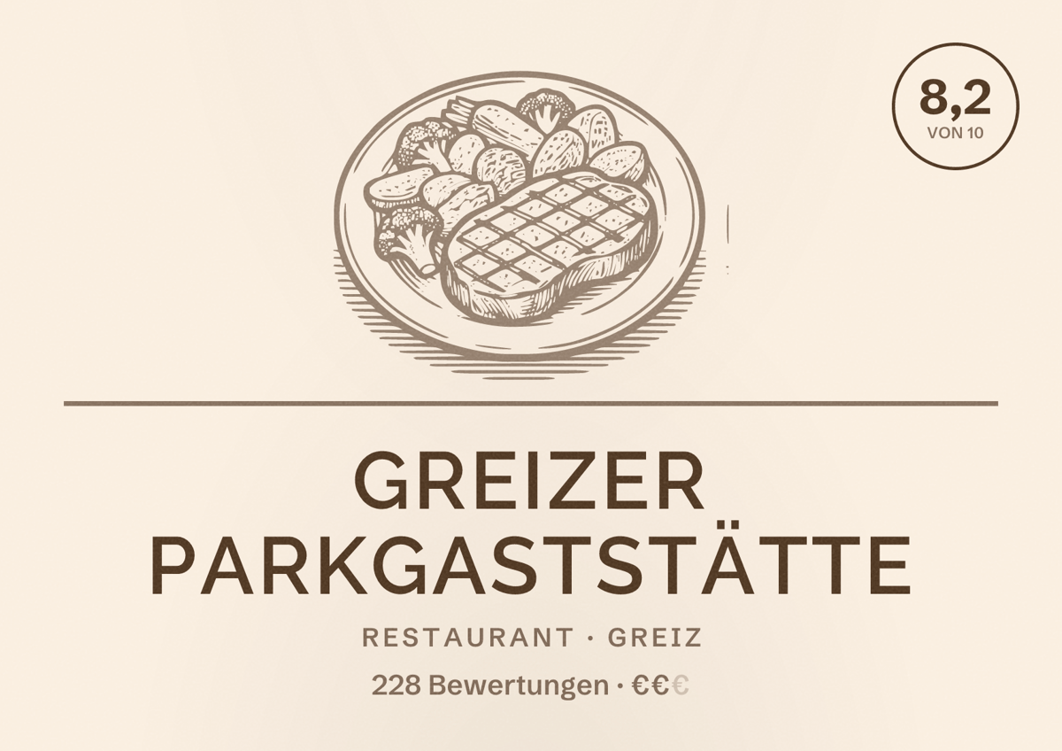 Illustriertes Poster von Greizer Parkgaststätte, Restaurant in Greiz: Bewertung 8,2 von 10 aus 228 Bewertungen, Preisniveau €€