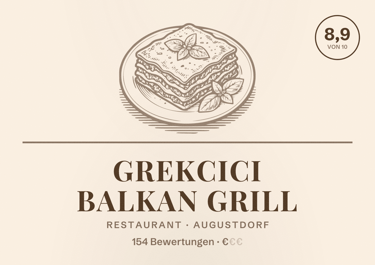 Illustriertes Poster von Grekcici Balkan Grill, Restaurant in Augustdorf: Bewertung 8,9 von 10 aus 154 Bewertungen, Preisniveau €