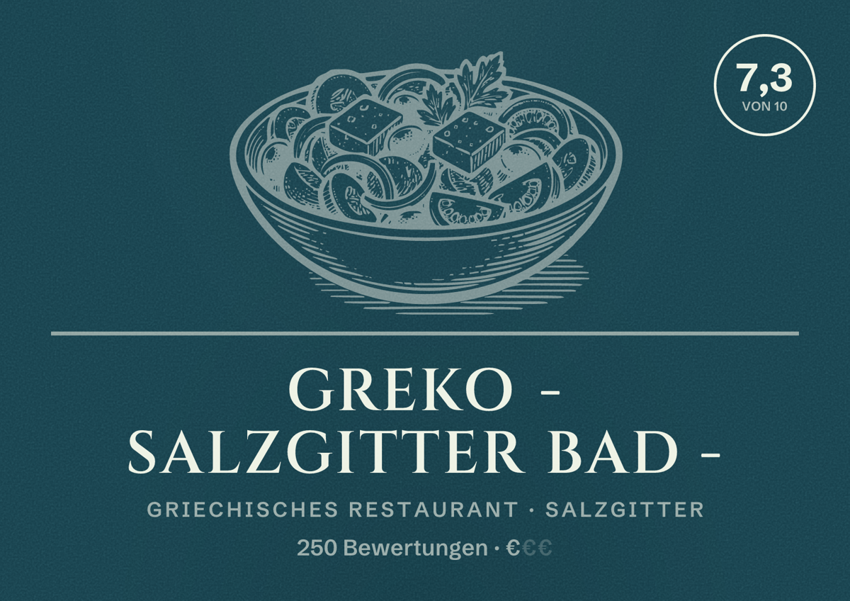 Illustriertes Poster von Greko - Salzgitter Bad -, Griechisches Restaurant in Salzgitter: Bewertung 7,3 von 10 aus 250 Bewertungen, Preisniveau €