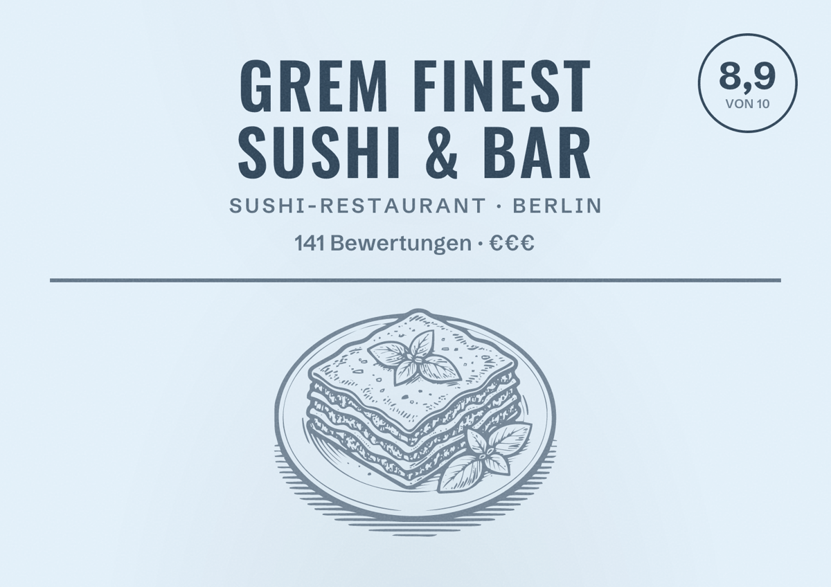 Illustriertes Poster von GREM finest sushi & bar, Sushi-Restaurant in Berlin: Bewertung 8,9 von 10 aus 141 Bewertungen, Preisniveau €€€