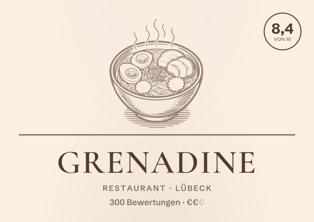 Illustriertes Poster von Grenadine, Restaurant in Lübeck: Bewertung 8,4 von 10 aus 300 Bewertungen, Preisniveau €€
