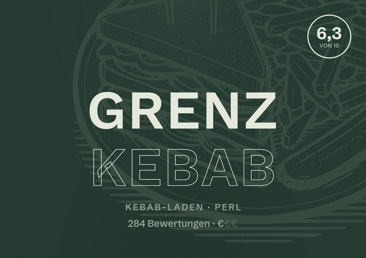 Illustriertes Poster von Grenz Kebab, Kebab-Laden in Perl: Bewertung 6,3 von 10 aus 284 Bewertungen, Preisniveau €