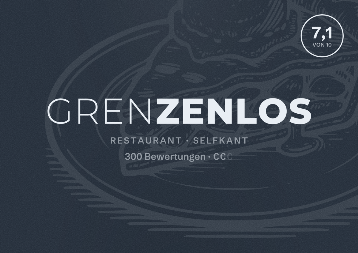Illustriertes Poster von Grenzenlos, Restaurant in Selfkant: Bewertung 7,1 von 10 aus 300 Bewertungen, Preisniveau €€