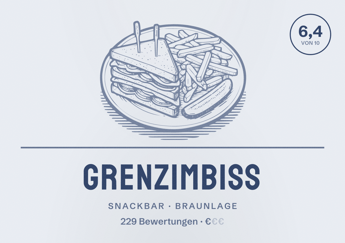 Illustriertes Poster von Grenzimbiss, Snackbar in Braunlage: Bewertung 6,4 von 10 aus 229 Bewertungen, Preisniveau €