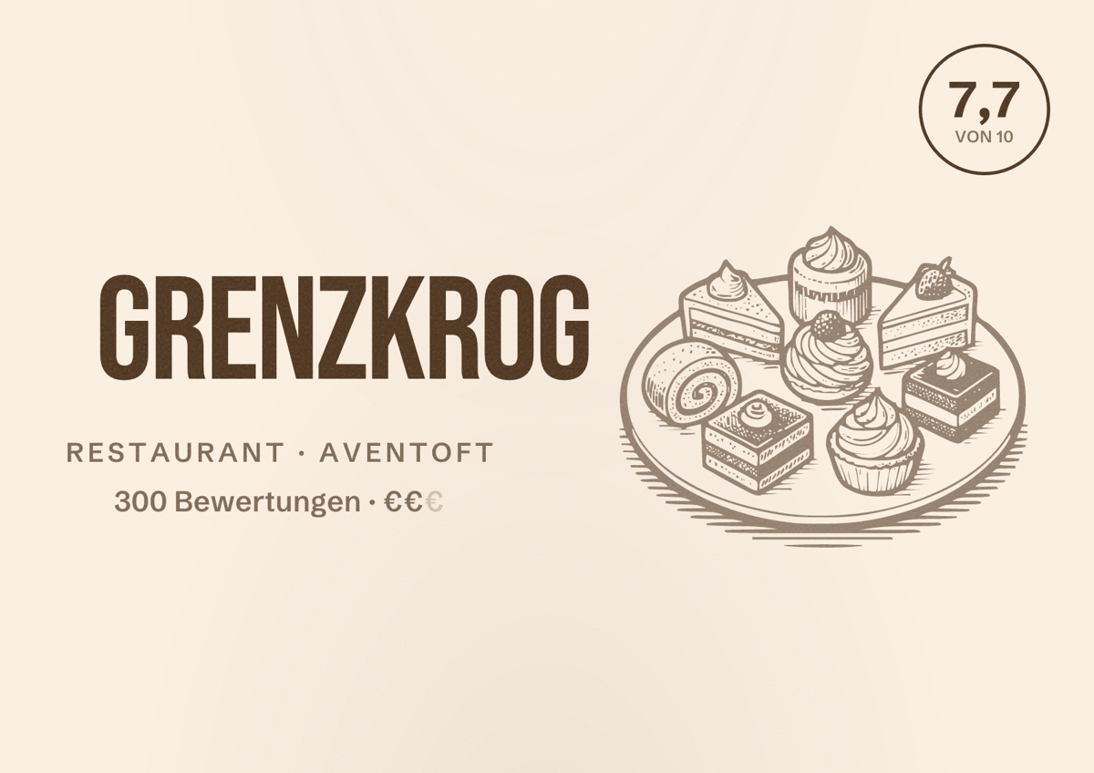 Illustriertes Poster von Grenzkrog, Restaurant in Aventoft: Bewertung 7,7 von 10 aus 300 Bewertungen, Preisniveau €€