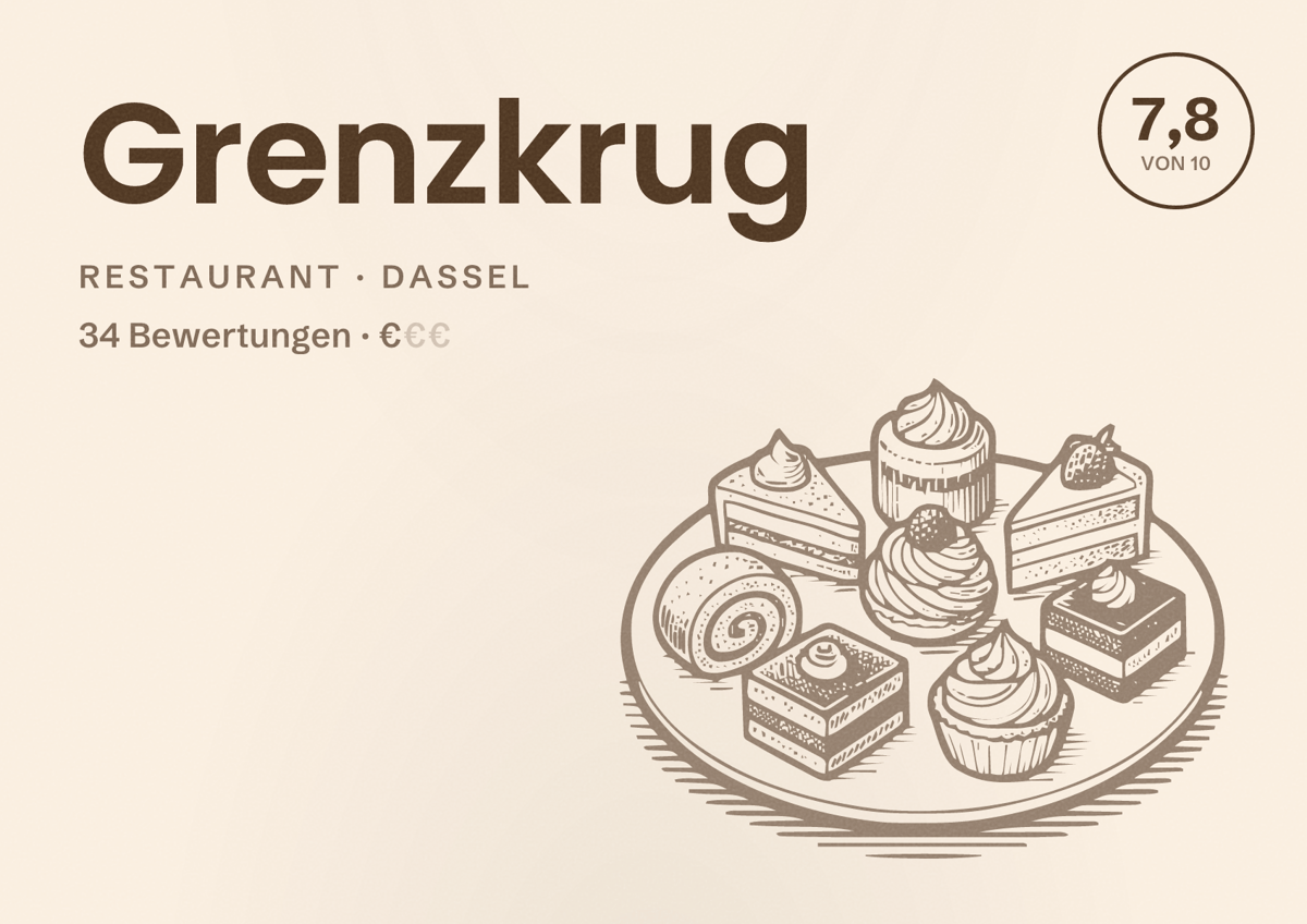 Illustriertes Poster von Grenzkrug, Restaurant in Dassel: Bewertung 7,8 von 10 aus 34 Bewertungen, Preisniveau €