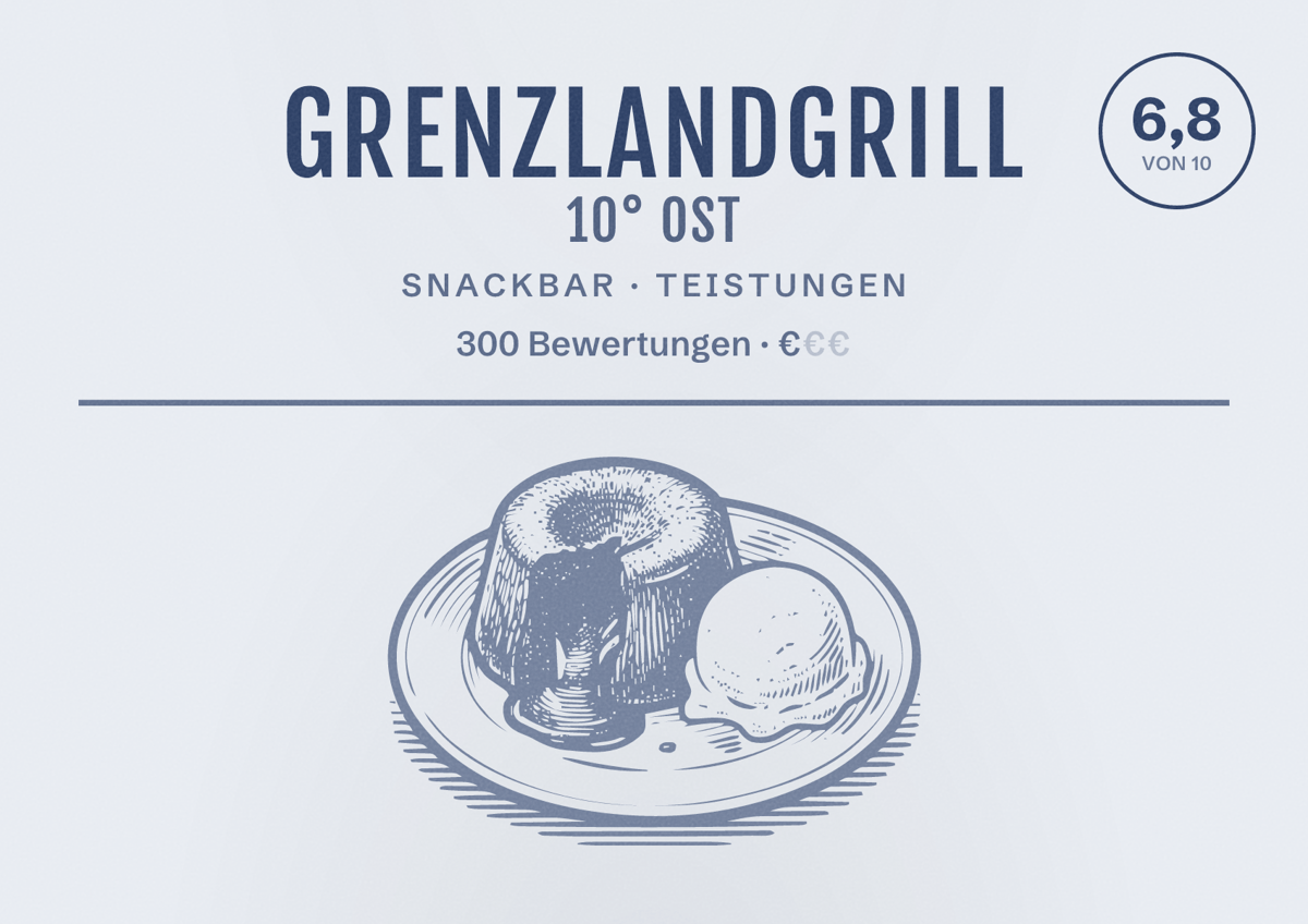 Illustriertes Poster von Grenzlandgrill 10° OST, Snackbar in Teistungen: Bewertung 6,8 von 10 aus 300 Bewertungen, Preisniveau €