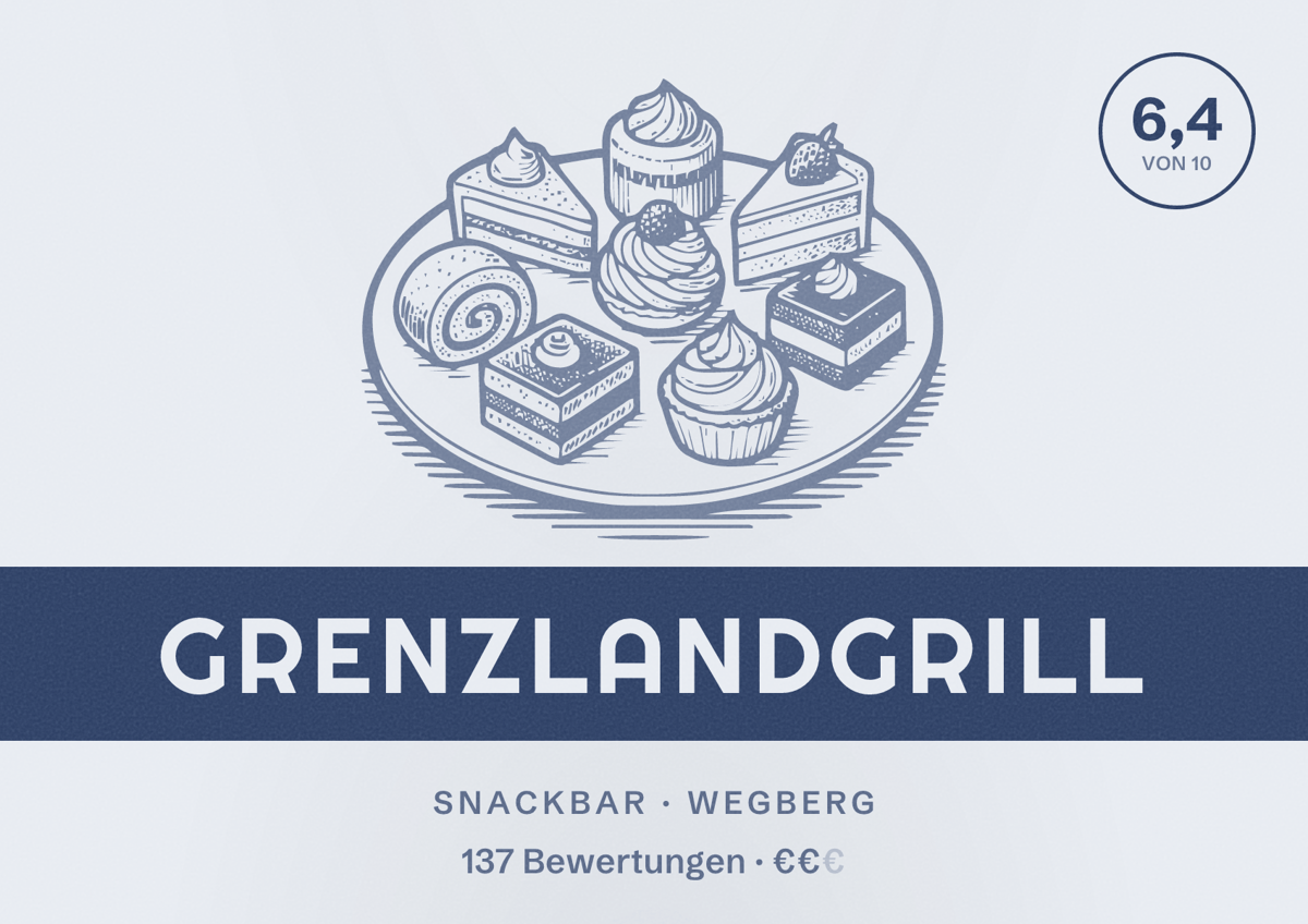 Illustriertes Poster von Grenzlandgrill, Snackbar in Wegberg: Bewertung 6,4 von 10 aus 137 Bewertungen, Preisniveau €€