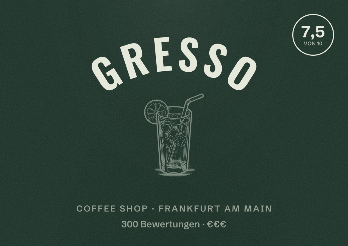 Illustriertes Poster von Gresso, Coffee Shop in Frankfurt am Main: Bewertung 7,5 von 10 aus 300 Bewertungen, Preisniveau €€€