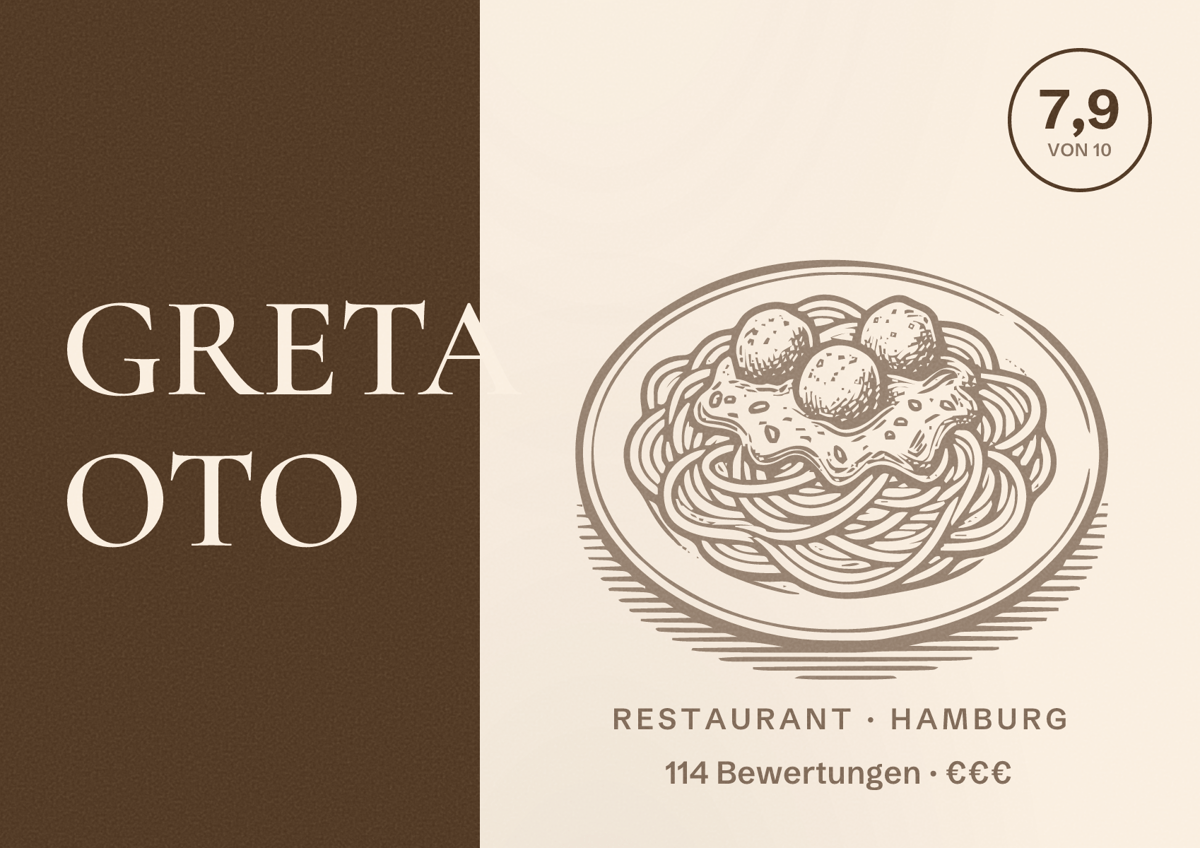Illustriertes Poster von GRETA OTO, Restaurant in Hamburg: Bewertung 7,9 von 10 aus 114 Bewertungen, Preisniveau €€€
