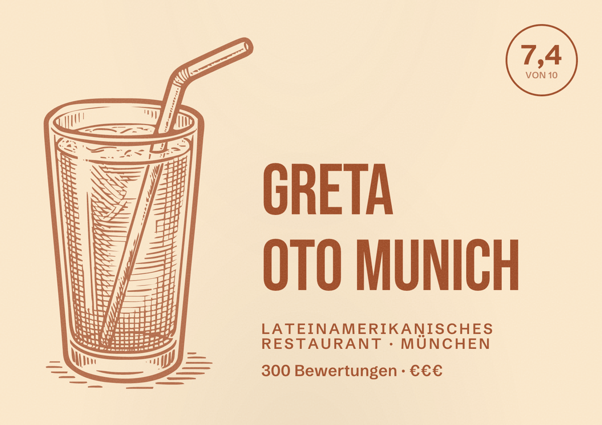 Illustriertes Poster von GRETA OTO Munich, Lateinamerikanisches Restaurant in München: Bewertung 7,4 von 10 aus 300 Bewertungen, Preisniveau €€€