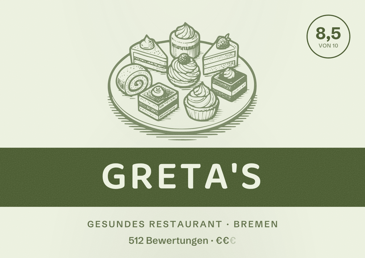 Illustriertes Poster von Greta's, Gesundes Restaurant in Bremen: Bewertung 8,5 von 10 aus 512 Bewertungen, Preisniveau €€