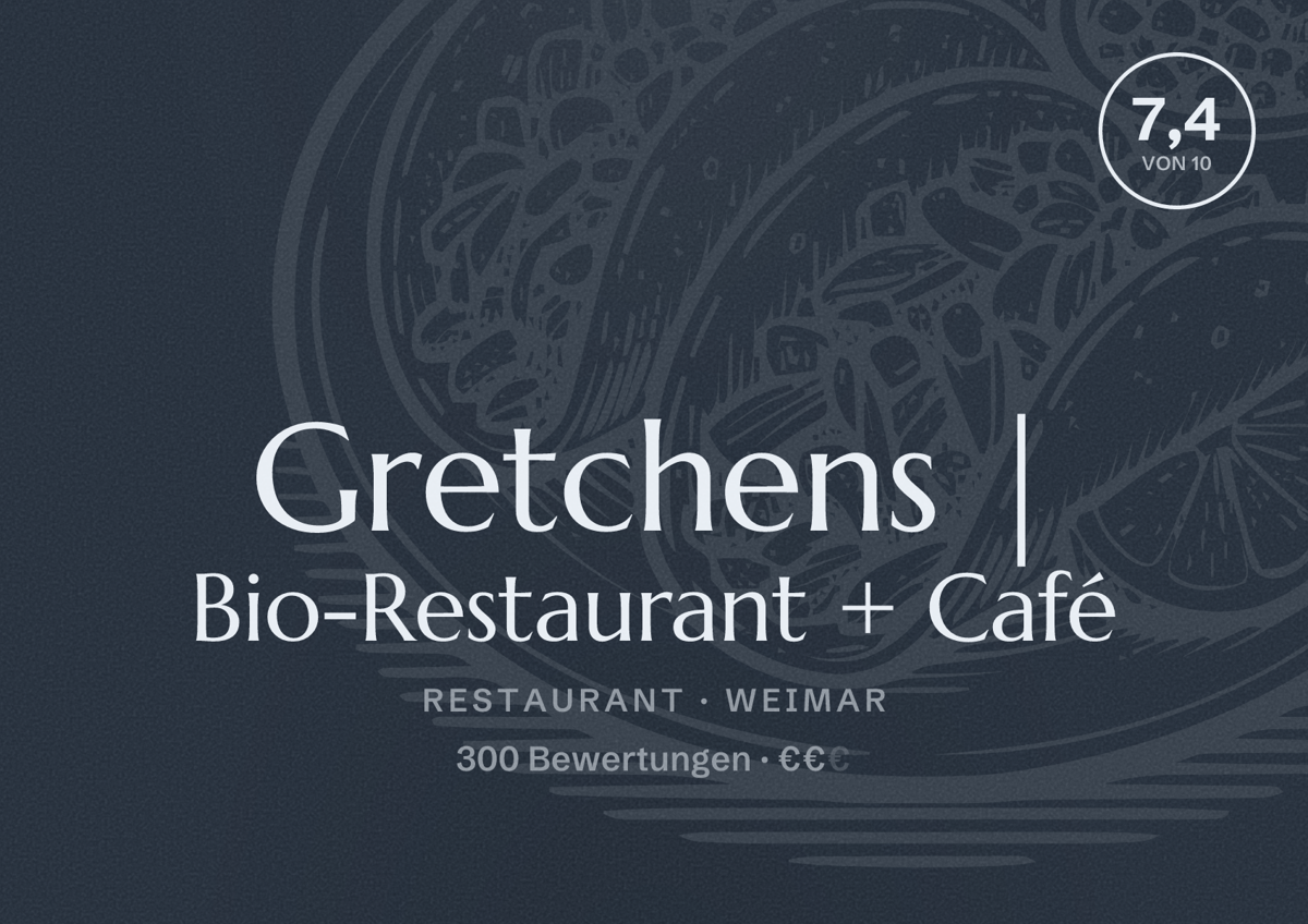 Illustriertes Poster von Gretchens | Bio-Restaurant + Café, Restaurant in Weimar: Bewertung 7,4 von 10 aus 300 Bewertungen, Preisniveau €€