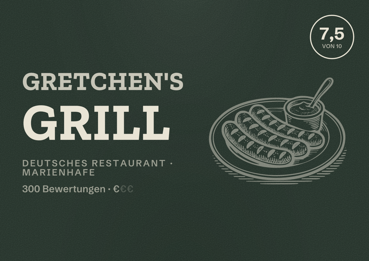 Illustriertes Poster von Gretchen's Grill, Deutsches Restaurant in Marienhafe: Bewertung 7,5 von 10 aus 300 Bewertungen, Preisniveau €