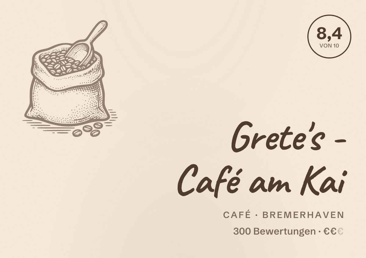 Illustriertes Poster von Grete's - Café am Kai, Café in Bremerhaven: Bewertung 8,4 von 10 aus 300 Bewertungen, Preisniveau €€
