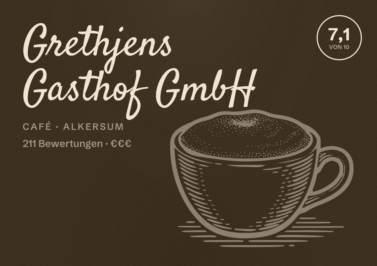Illustriertes Poster von Grethjens Gasthof GmbH, Café in Alkersum: Bewertung 7,1 von 10 aus 211 Bewertungen, Preisniveau €€€