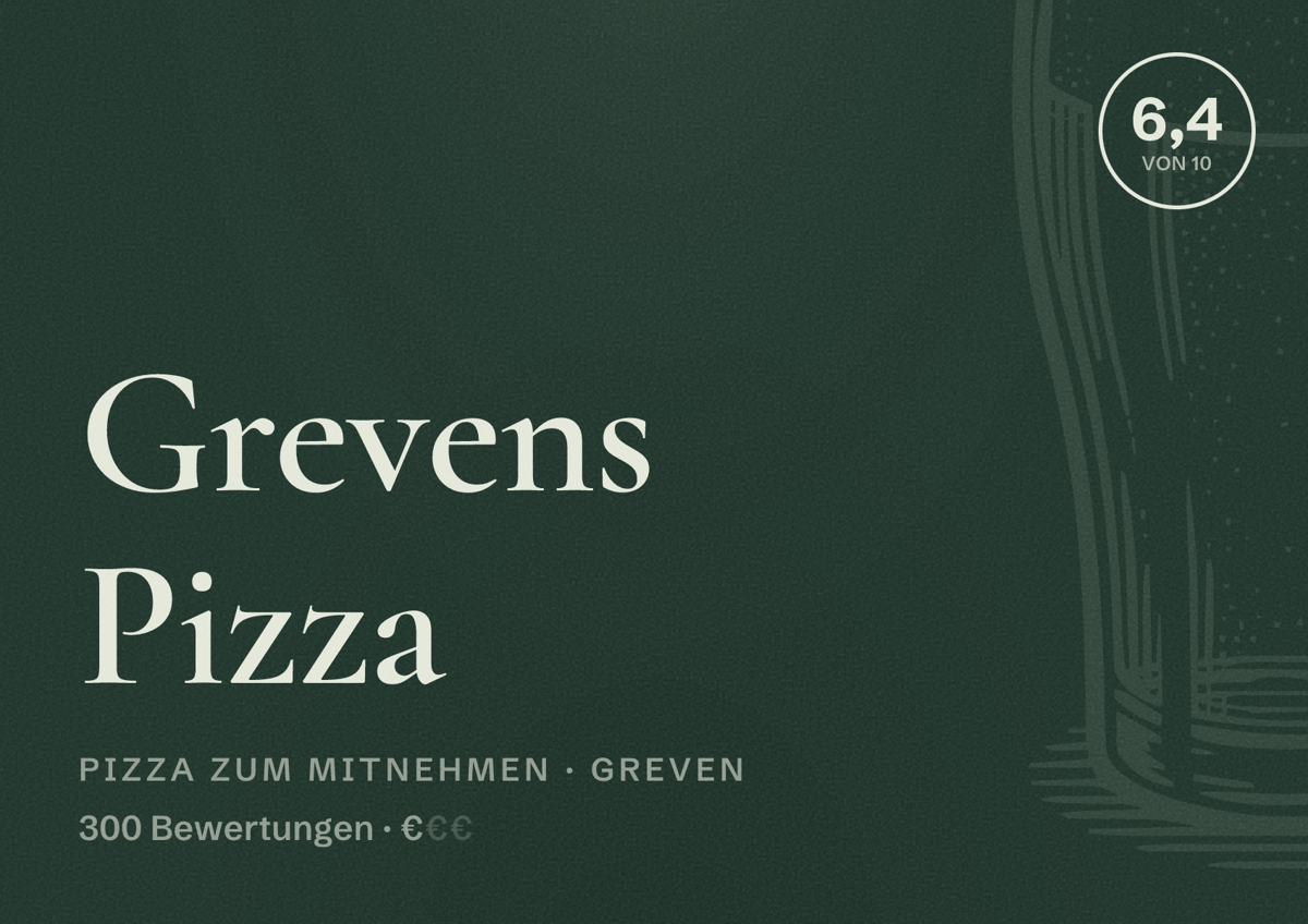 Illustriertes Poster von Grevens Pizza, Pizza zum Mitnehmen in Greven: Bewertung 6,4 von 10 aus 300 Bewertungen, Preisniveau €