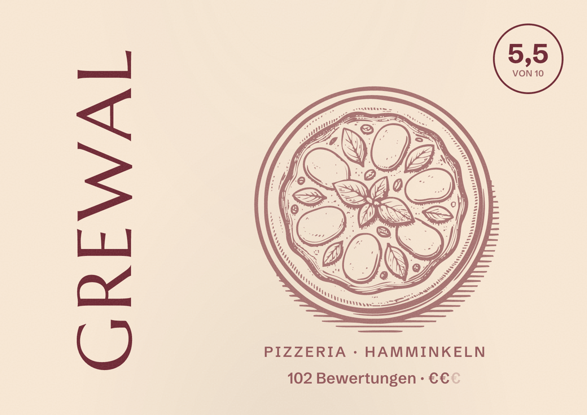 Illustriertes Poster von Grewal, Pizzeria in Hamminkeln: Bewertung 5,5 von 10 aus 102 Bewertungen, Preisniveau €€