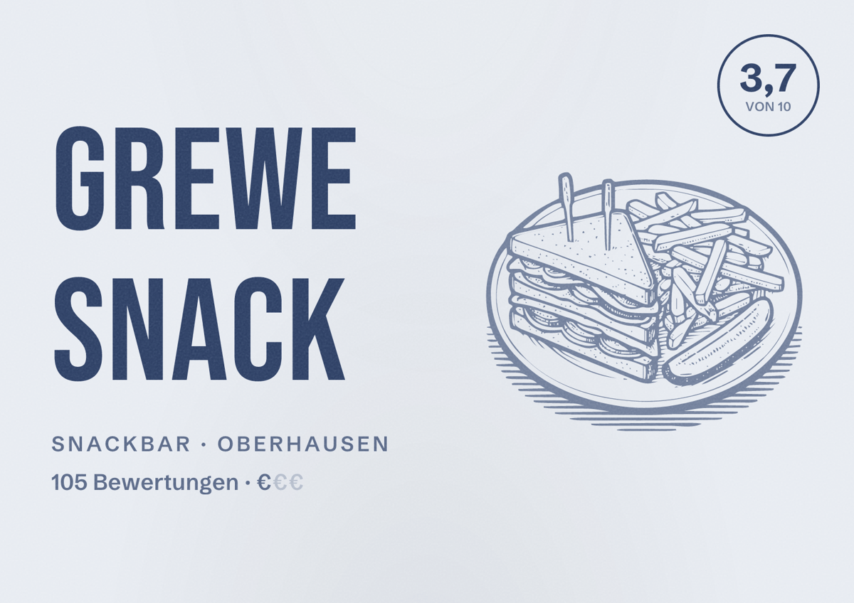 Illustriertes Poster von Grewe Snack, Snackbar in Oberhausen: Bewertung 3,7 von 10 aus 105 Bewertungen, Preisniveau €