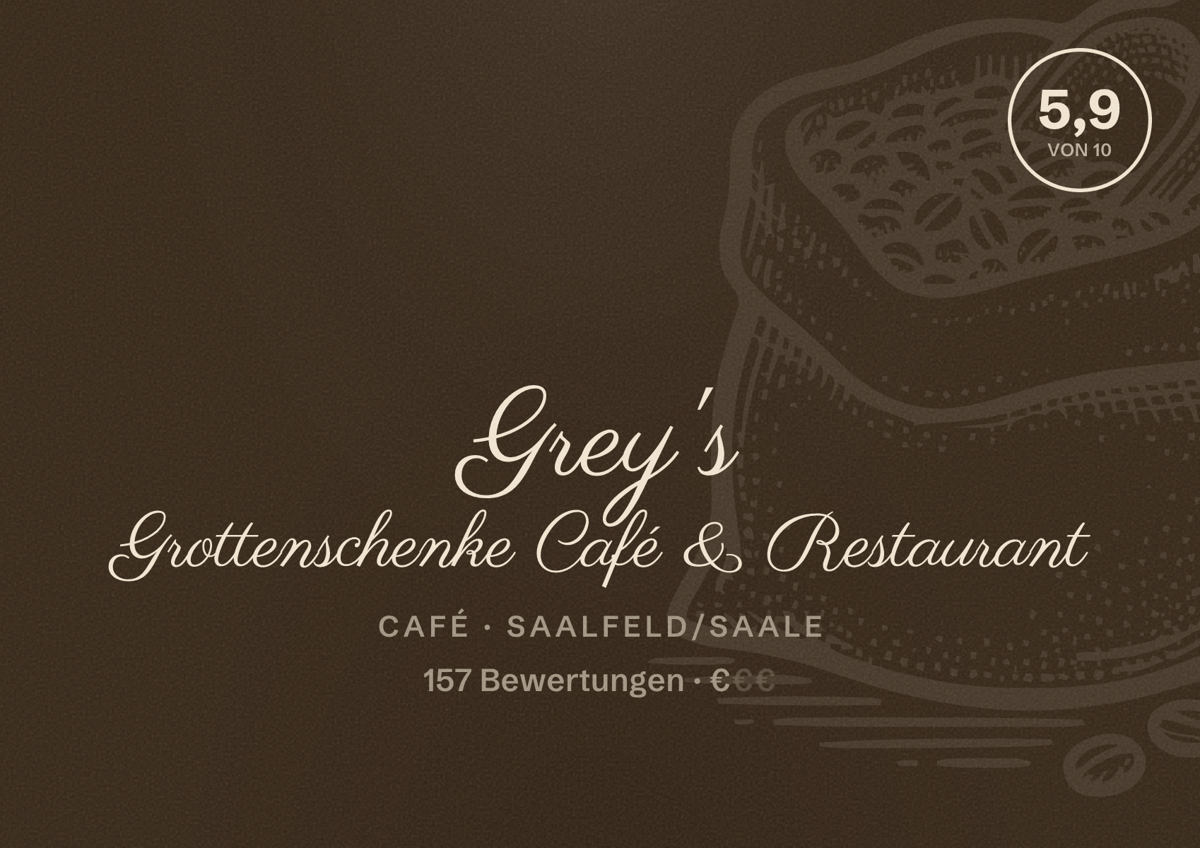 Illustriertes Poster von Grey's Grottenschenke Café & Restaurant, Café in Saalfeld/Saale: Bewertung 5,9 von 10 aus 157 Bewertungen, Preisniveau €