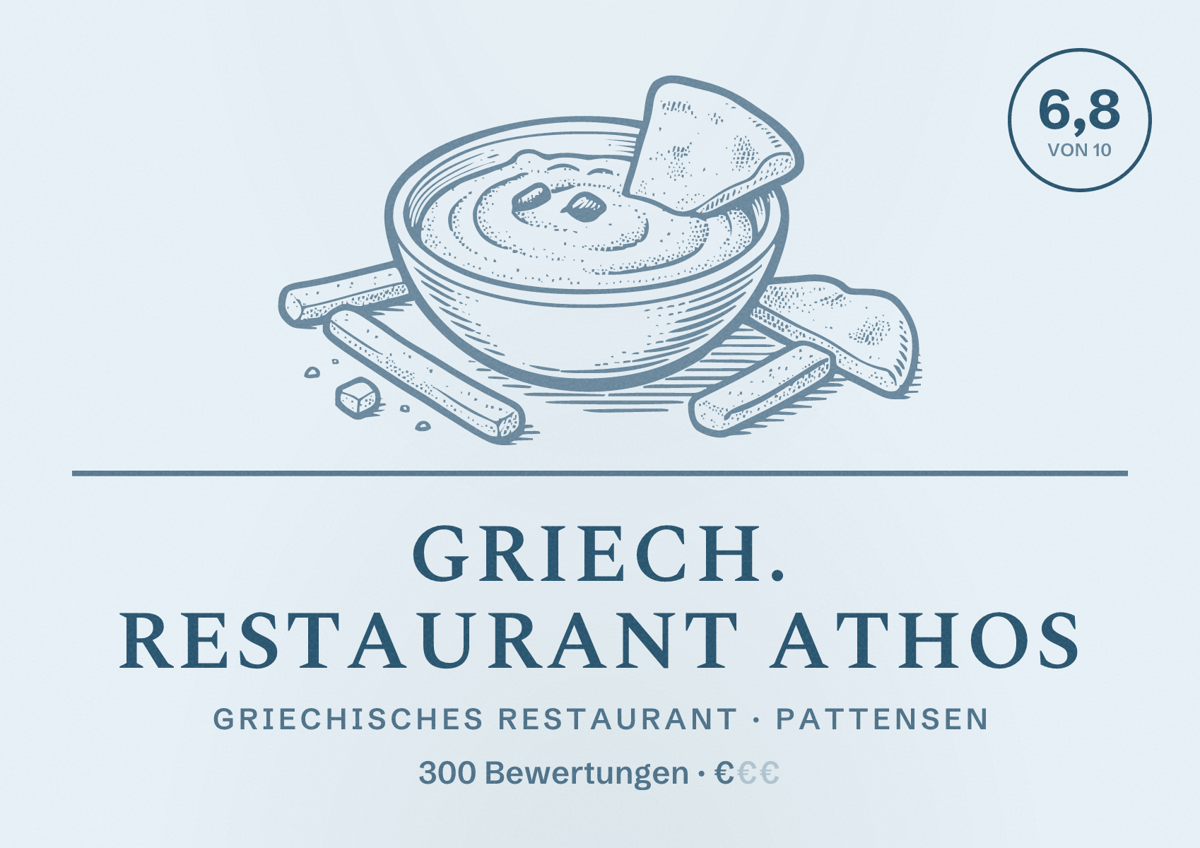 Illustriertes Poster von Griech. Restaurant Athos, Griechisches Restaurant in Pattensen: Bewertung 6,8 von 10 aus 300 Bewertungen, Preisniveau €