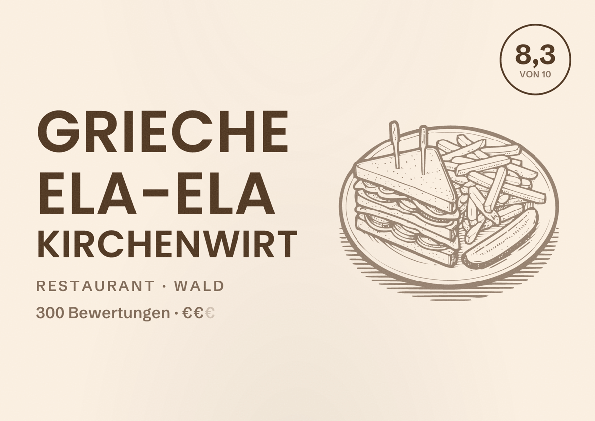 Illustriertes Poster von Grieche Ela-Ela Kirchenwirt, Restaurant in Wald: Bewertung 8,3 von 10 aus 300 Bewertungen, Preisniveau €€