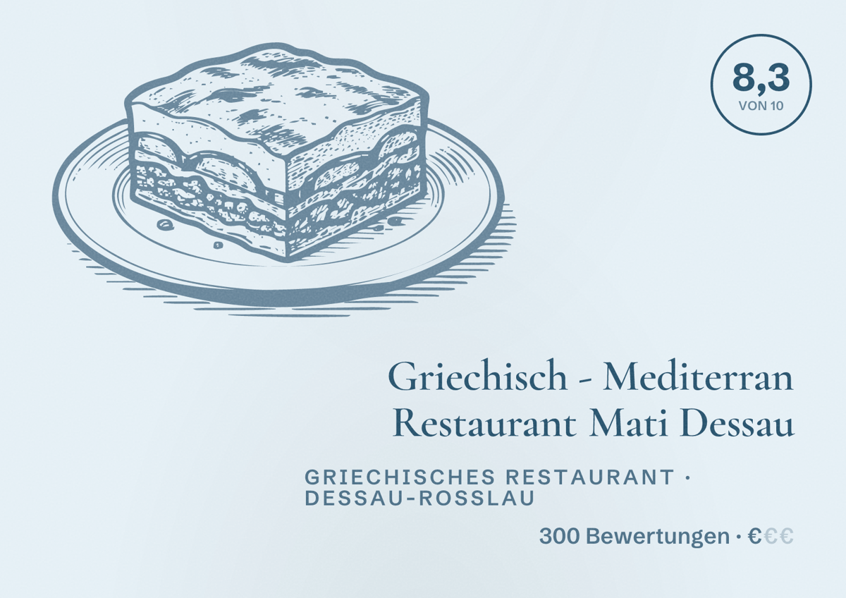 Illustriertes Poster von Griechisch - Mediterran Restaurant Mati Dessau, Griechisches Restaurant in Dessau-Roßlau: Bewertung 8,3 von 10 aus 300 Bewertungen, Preisniveau €