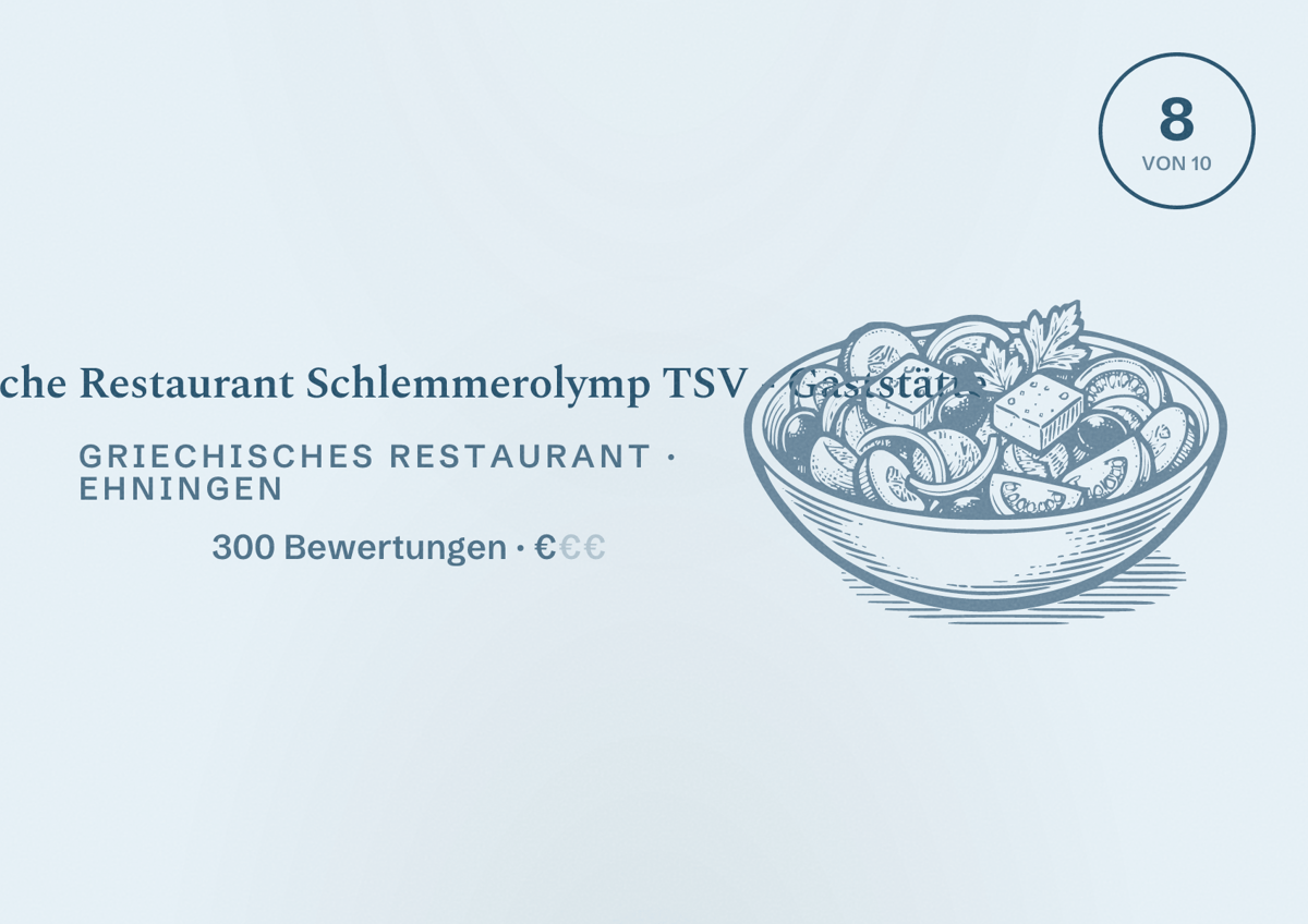 Illustriertes Poster von Griechische Restaurant Schlemmerolymp TSV - Gaststätte, Griechisches Restaurant in Ehningen: Bewertung 8 von 10 aus 300 Bewertungen, Preisniveau €