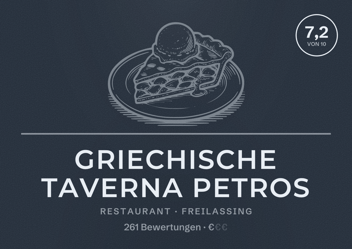 Illustriertes Poster von Griechische Taverna Petros, Restaurant in Freilassing: Bewertung 7,2 von 10 aus 261 Bewertungen, Preisniveau €