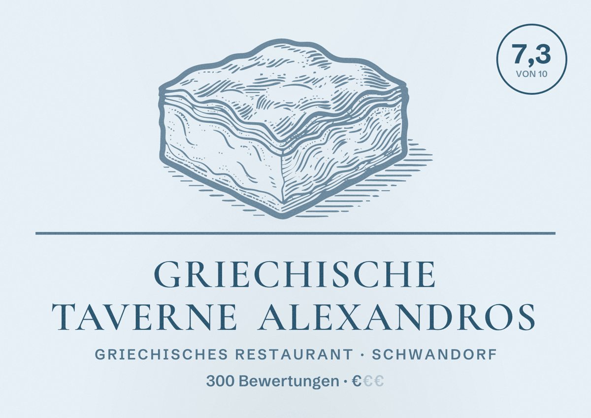 Illustriertes Poster von Griechische Taverne Alexandros, Griechisches Restaurant in Schwandorf: Bewertung 7,3 von 10 aus 300 Bewertungen, Preisniveau €