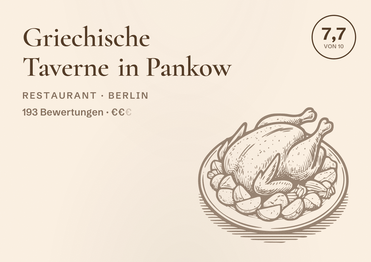 Illustriertes Poster von Griechische Taverne in Pankow, Restaurant in Berlin: Bewertung 7,7 von 10 aus 193 Bewertungen, Preisniveau €€