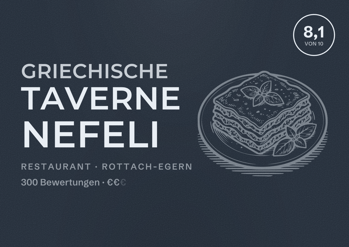 Illustriertes Poster von Griechische Taverne Nefeli, Restaurant in Rottach-Egern: Bewertung 8,1 von 10 aus 300 Bewertungen, Preisniveau €€