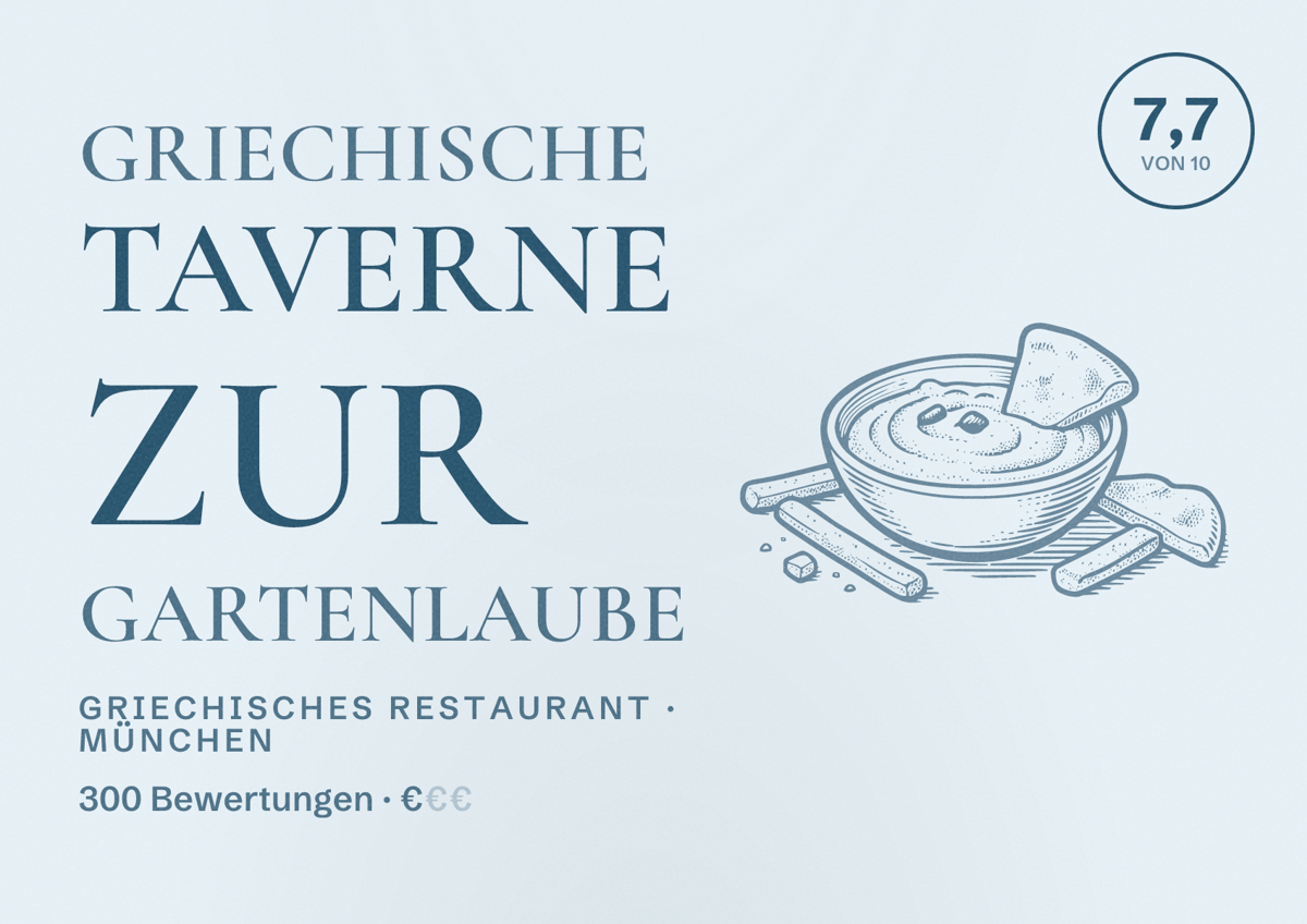 Illustriertes Poster von Griechische Taverne Zur Gartenlaube, Griechisches Restaurant in München: Bewertung 7,7 von 10 aus 300 Bewertungen, Preisniveau €