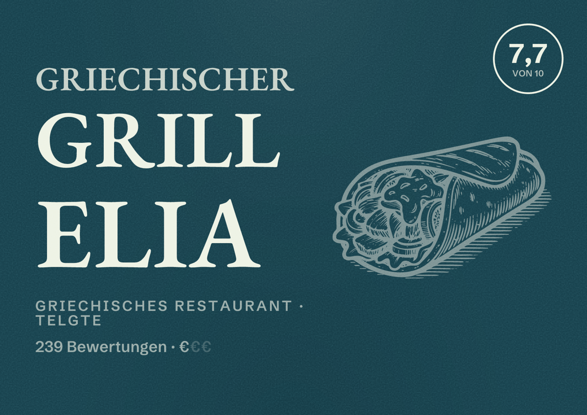 Illustriertes Poster von Griechischer Grill Elia, Griechisches Restaurant in Telgte: Bewertung 7,7 von 10 aus 239 Bewertungen, Preisniveau €