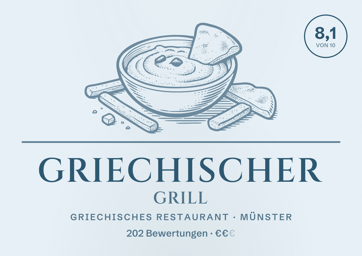 Illustriertes Poster von Griechischer Grill, Griechisches Restaurant in Münster: Bewertung 8,1 von 10 aus 202 Bewertungen, Preisniveau €€