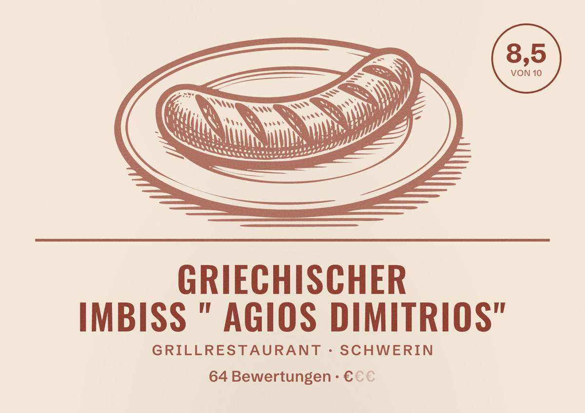Illustriertes Poster von Griechischer Imbiss " Agios Dimitrios", Grillrestaurant in Schwerin: Bewertung 8,5 von 10 aus 64 Bewertungen, Preisniveau €