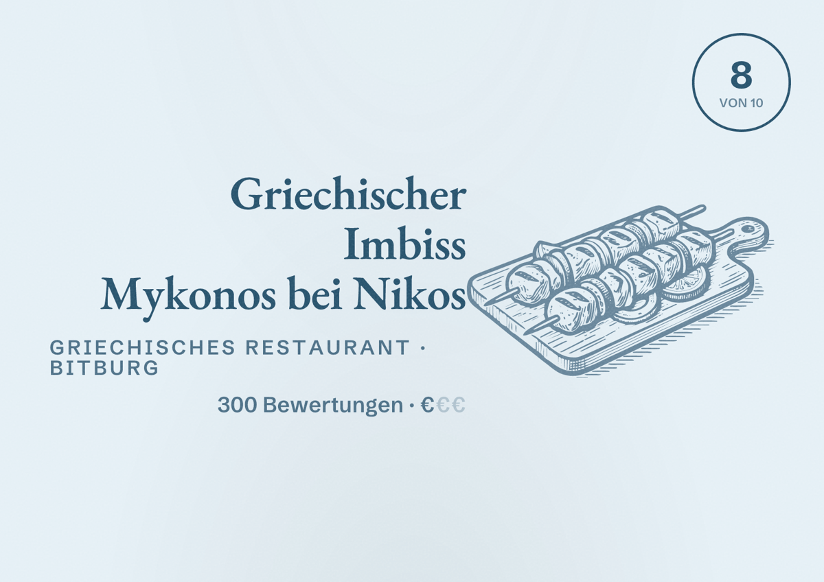Illustriertes Poster von Griechischer Imbiss Mykonos bei Nikos, Griechisches Restaurant in Bitburg: Bewertung 8 von 10 aus 300 Bewertungen, Preisniveau €