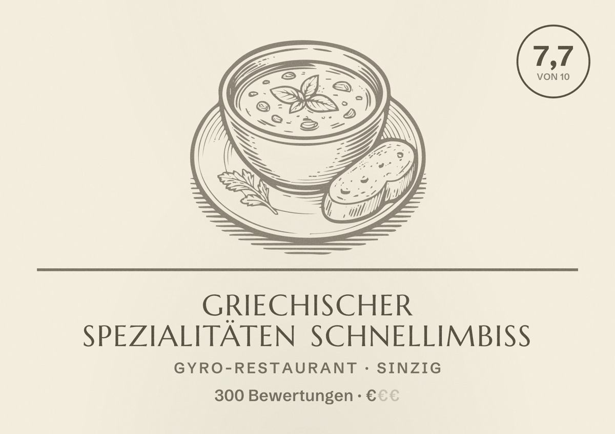 Illustriertes Poster von Griechischer Spezialitäten Schnellimbiß, Gyro-Restaurant in Sinzig: Bewertung 7,7 von 10 aus 300 Bewertungen, Preisniveau €