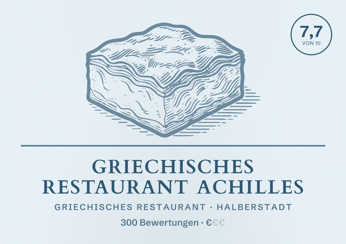 Illustriertes Poster von Griechisches Restaurant Achilles, Griechisches Restaurant in Halberstadt: Bewertung 7,7 von 10 aus 300 Bewertungen, Preisniveau €