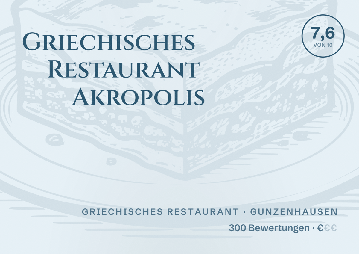 Illustriertes Poster von Griechisches Restaurant Akropolis, Griechisches Restaurant in Gunzenhausen: Bewertung 7,6 von 10 aus 300 Bewertungen, Preisniveau €