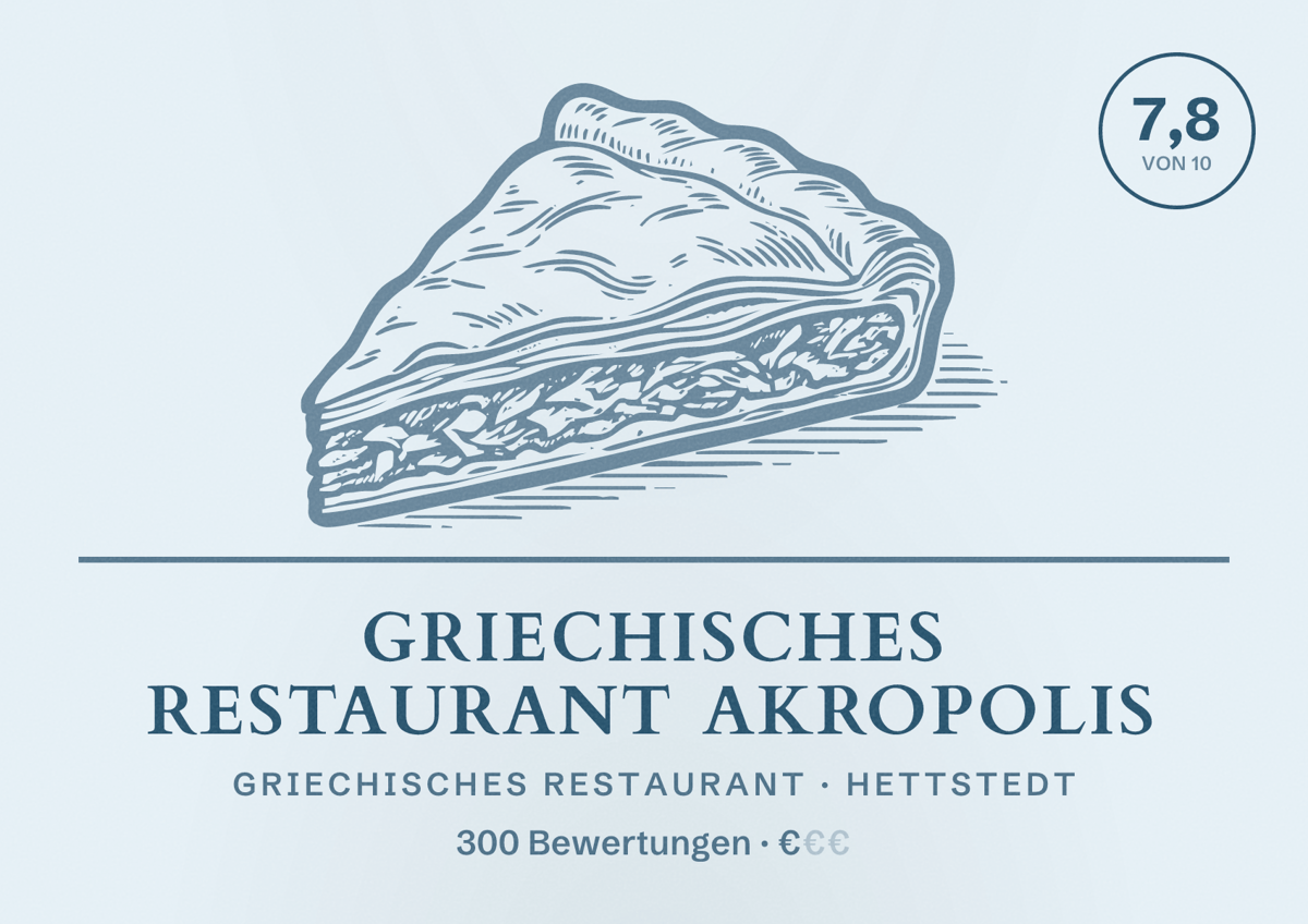 Illustriertes Poster von Griechisches Restaurant Akropolis, Griechisches Restaurant in Hettstedt: Bewertung 7,8 von 10 aus 300 Bewertungen, Preisniveau €